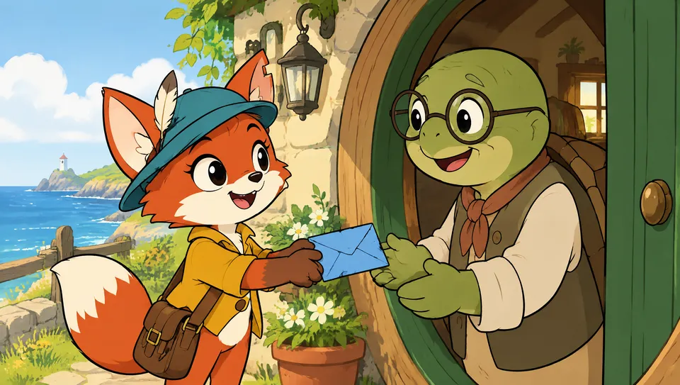 The fox courier hands a crumpled blue envelope to a smiling old turtle with round glasses at a round green door