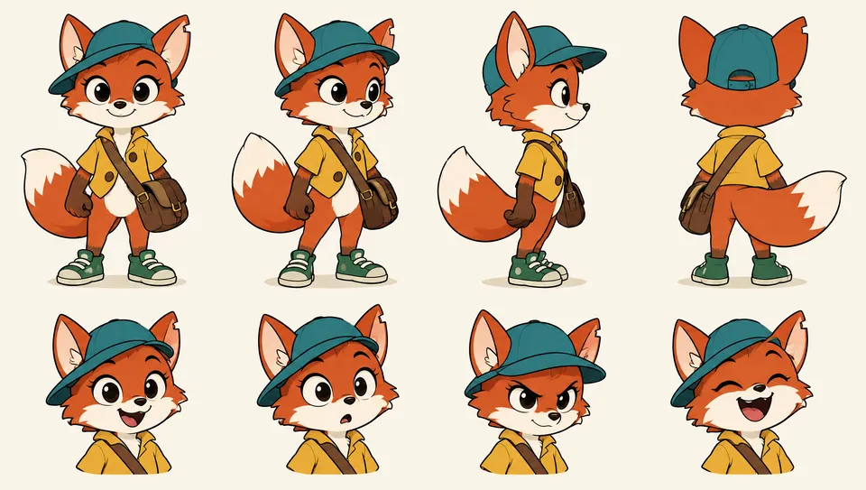 Cartoon model sheet of a small red fox courier girl: turnaround in four views and four expressions, teal cap, mustard jacket and brown satchel