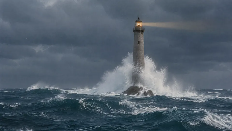 Onde di tempesta si infrangono al tramonto contro un faro di granito solo in mare aperto, con la lanterna accesa