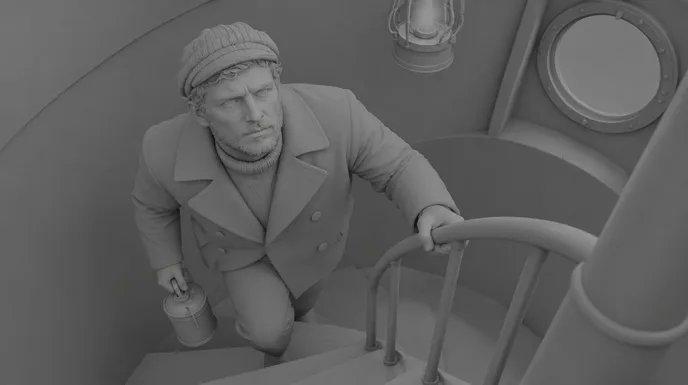Vignetta di storyboard del guardiano sulla scala, in grigio