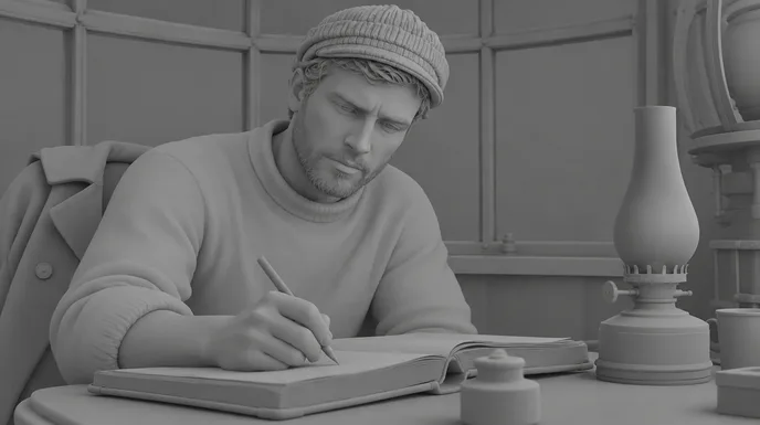 Vignetta di storyboard del guardiano che scrive, in grigio