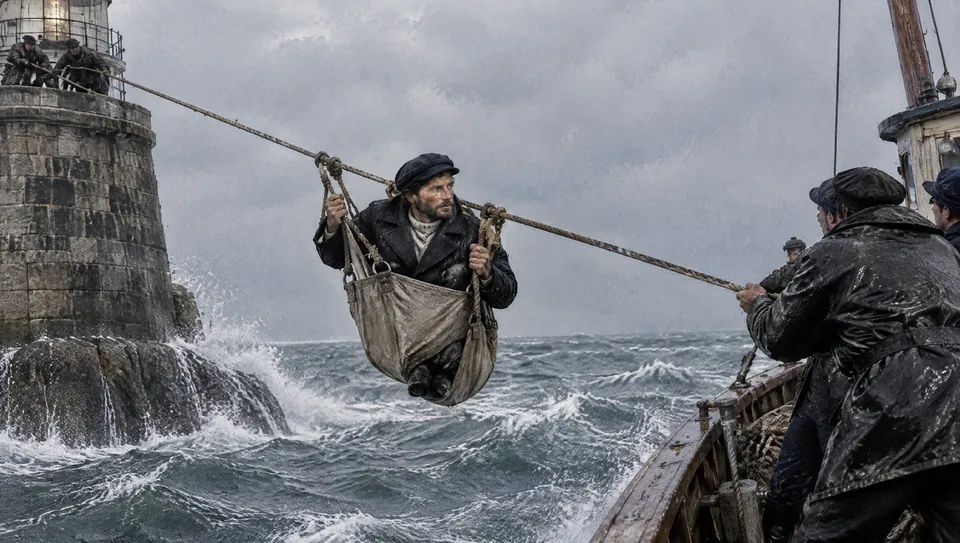 Il guardiano è sospeso in una braca di tela su una fune sopra il mare agitato, tra il faro e una barca di rifornimento
