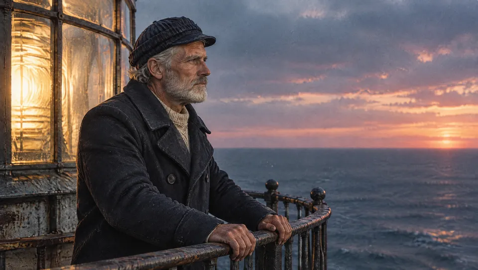 Lo stesso guardiano, ormai anziano e con la barba bianca, sulla galleria del faro al tramonto, guarda il mare