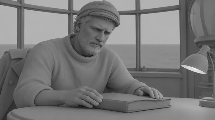 Vignetta di storyboard del guardiano anziano con il registro, in grigio