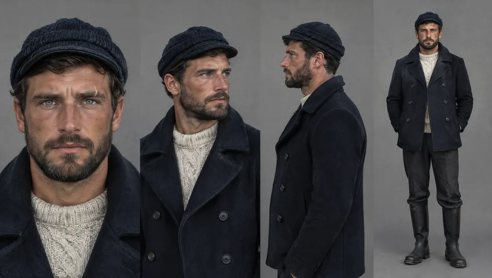 Scheda personaggio di un guardiano del faro sulla trentina, quattro viste, giaccone blu navy, maglione color panna e berretto di lana
