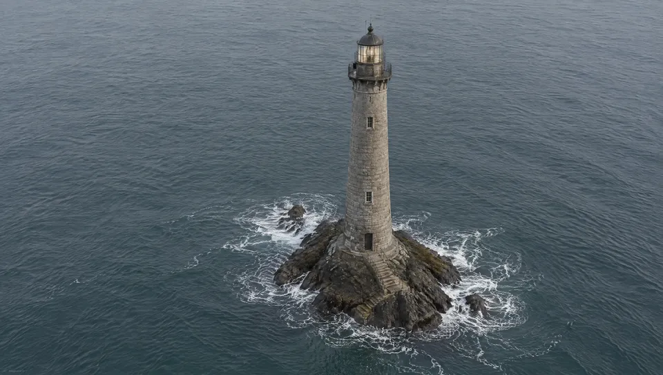 Vista master di riferimento di un faro di granito su un piccolo scoglio, dall’alto e di sbieco, mare grigio e calmo
