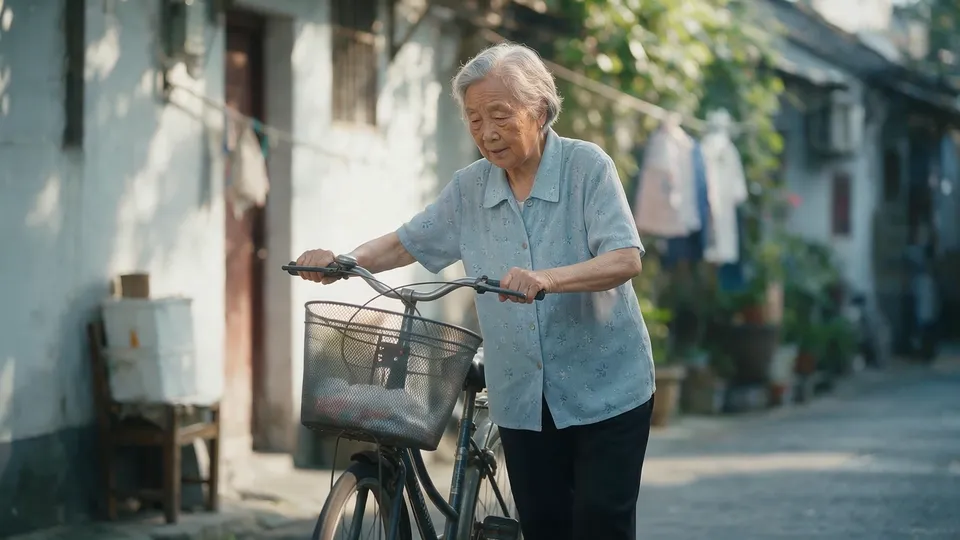 An elderly woman in a pale blue blouse wheels a bicycle out of her doorway in a whitewashed alley