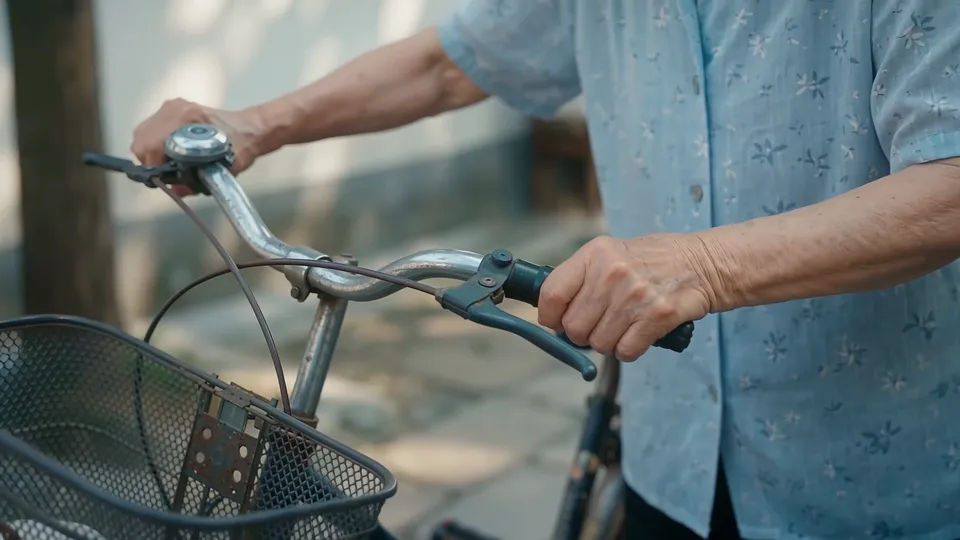Close-up of an old hand on a bicycle handlebar beside the bell