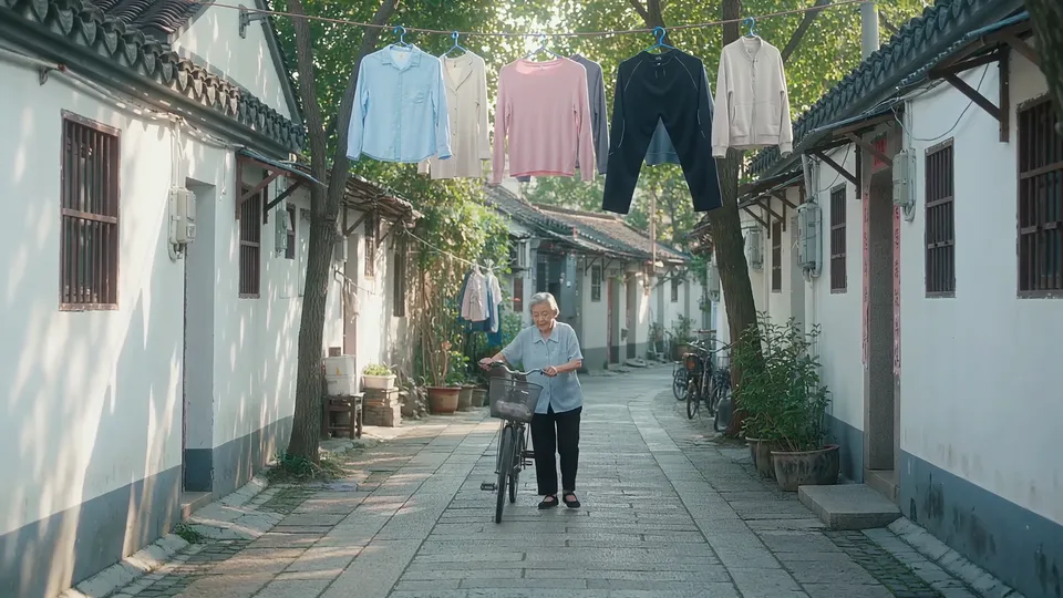 A long whitewashed alley with laundry overhead, the woman walking her bicycle far down the lane
