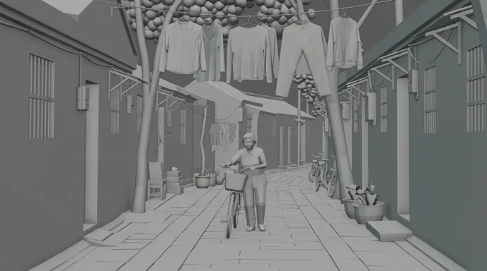 Grey storyboard frame of the alley in depth