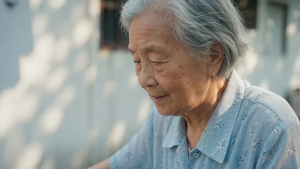 Close-up of the elderly woman's face in leaf shadow, eyes lowered, a faint smile