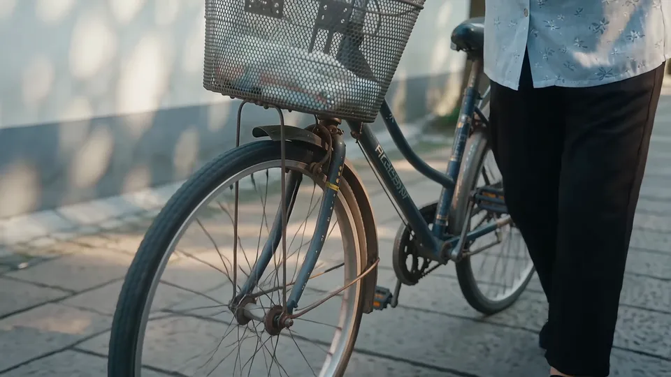 The front wheel and basket of a bicycle rolling over paving stones, her legs walking beside it
