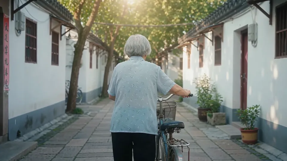 The woman seen from behind, walking her bicycle down a tree-lined alley toward the light