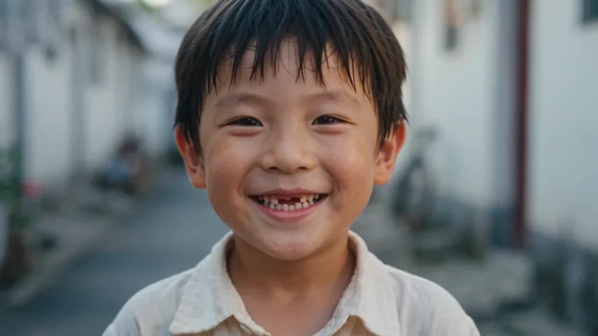 A smiling boy with a missing front tooth in a whitewashed alley