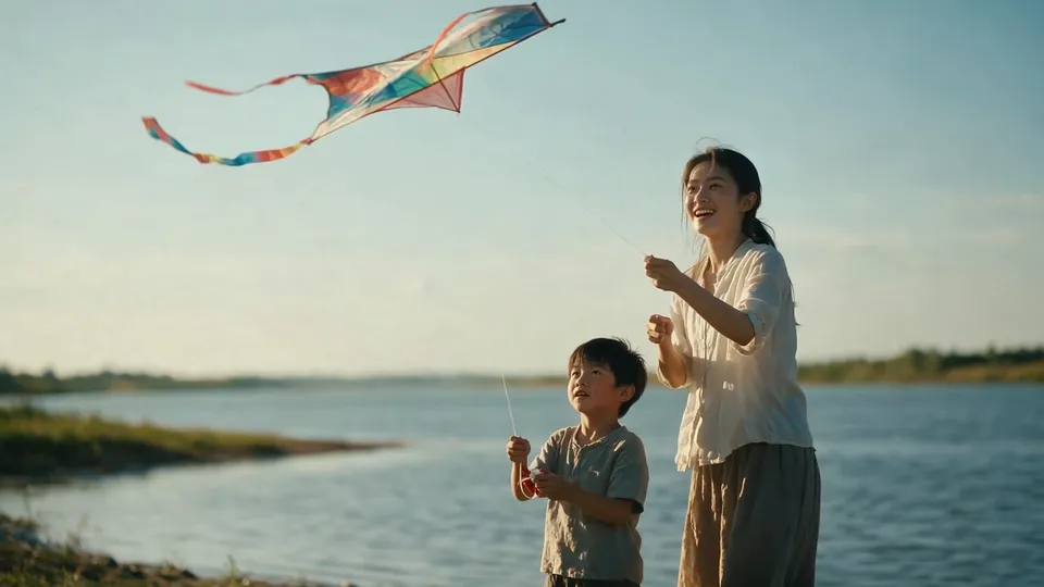 A mother and her young son fly a rainbow kite on a grassy lake shore at golden hour