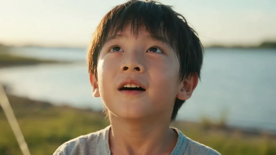 Close-up of a young boy looking up in wonder, the lake blurred behind him
