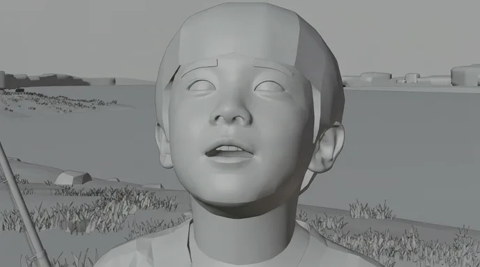 The grey storyboard frame of the boy's close-up