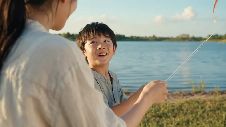 Over a woman's shoulder, a boy holds the kite string and grins at her by the lake