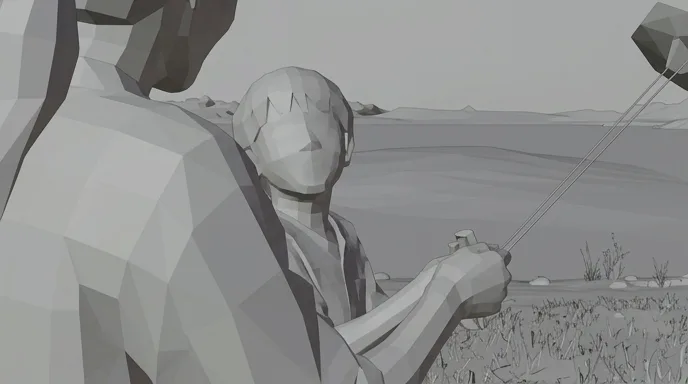 The grey storyboard frame of the over-the-shoulder shot