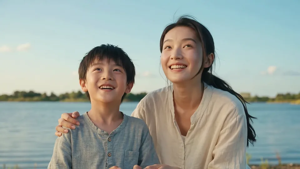 A mother with her arm around her son, both looking up and smiling by the lake