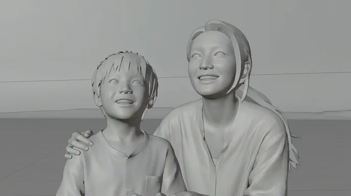 The grey storyboard frame of the mother and son together