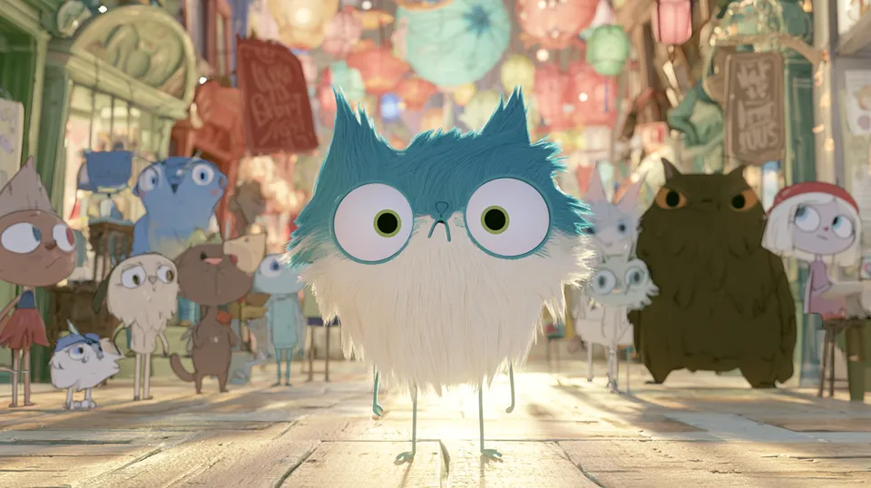 A round fluffy teal creature with huge round eyes stands in a sunlit street crowded with small cartoon animals