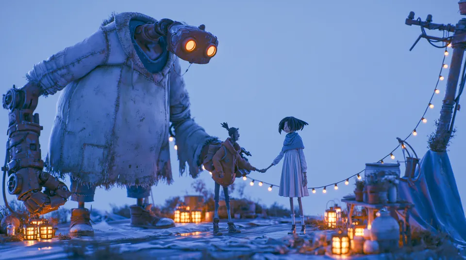 A giant patchwork robot holds the hand of a small puppet, who holds the hand of a girl, on a hill lit by lanterns at dusk