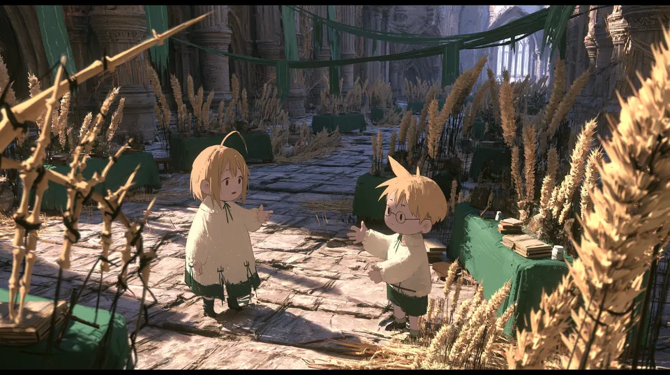 Two small blond children meet on a stone path among ruins and tall golden wheat