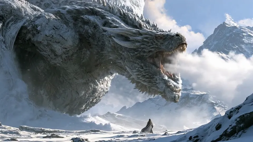 A colossal frost dragon rises from a snowy mountainside, jaws open, above a tiny cloaked traveller