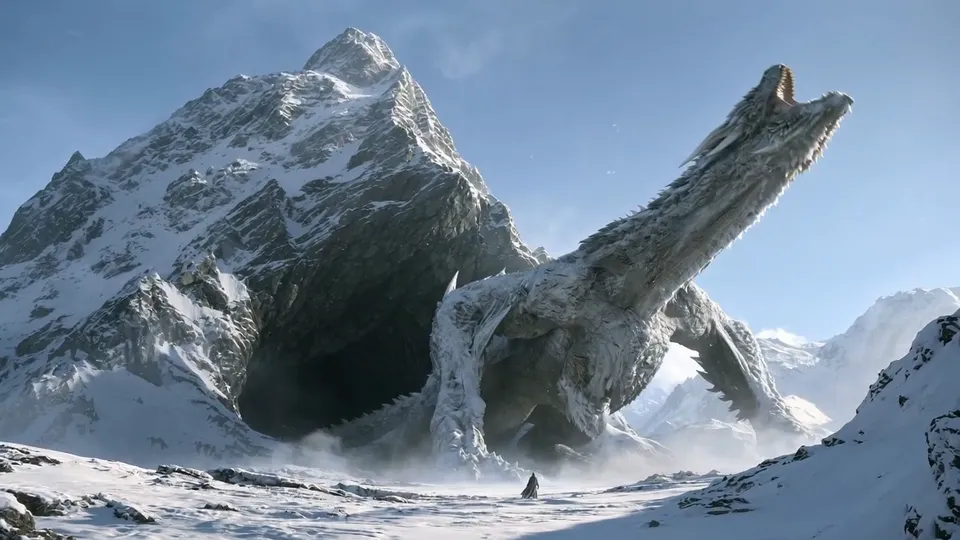 A frost dragon crawls out of a giant cave under a snowy peak, its neck raised to the sky