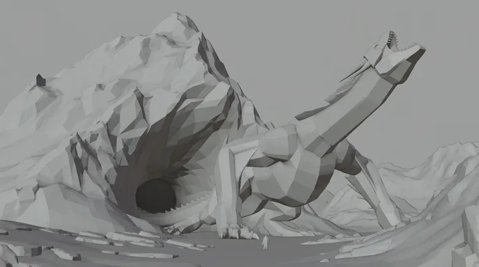 Storyboard frame of the dragon leaving the cave, in grey