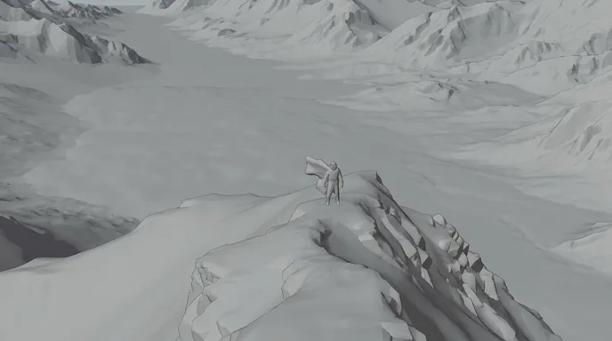 Storyboard frame of the ridge from above, in grey