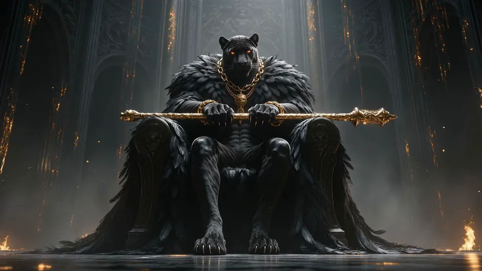 A black panther king in feathers and gold chains sits on a throne holding a golden sceptre