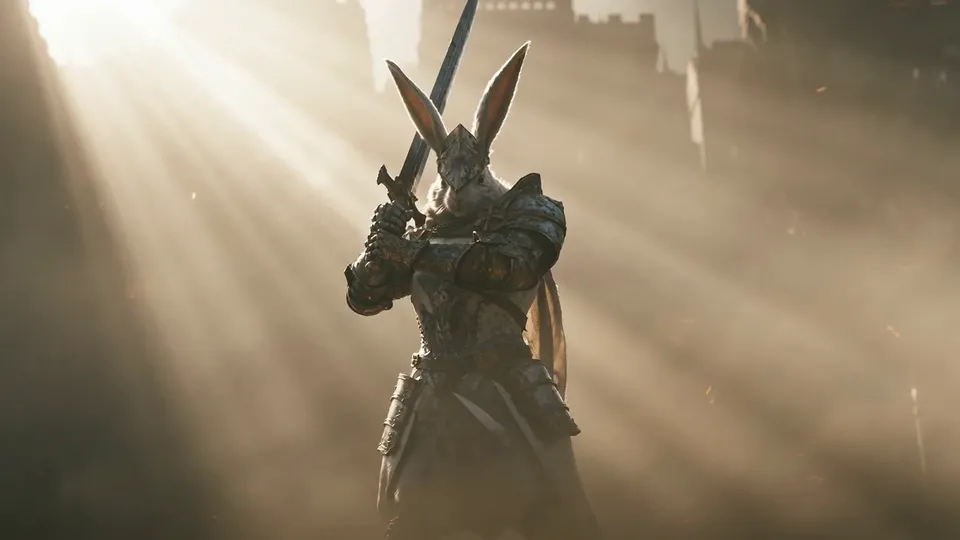 A rabbit knight in steel armour raises a sword in shafts of golden light and dust