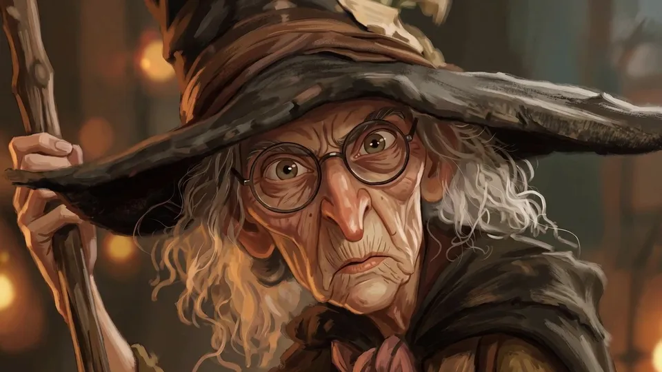 An old witch in a wide hat and round glasses holds a wooden staff, warm firelight behind her