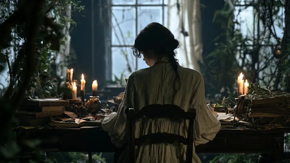 A young woman seen from behind studies old books by candlelight in a library full of ivy