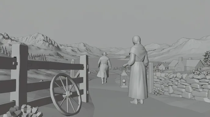 Storyboard frame of the same wide shot, in grey
