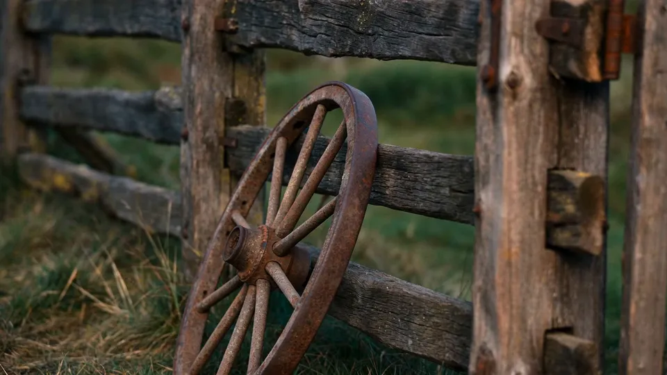 A rusted wooden cart wheel leaning against an old fence