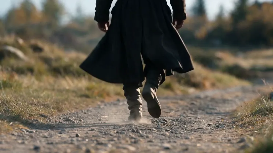 Boots and the hem of a long dark coat walking away on a gravel path