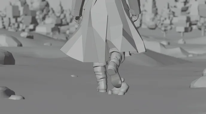 Storyboard frame of the boots on the path, in grey