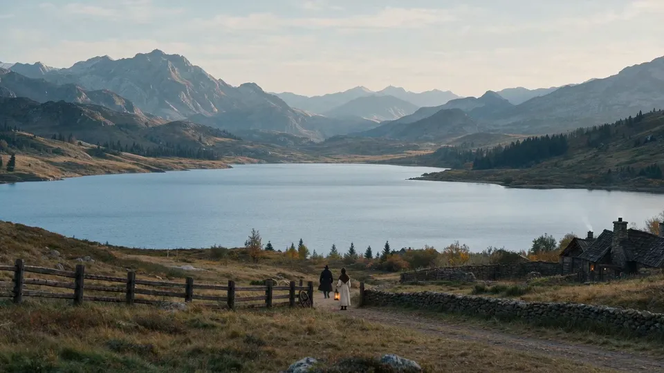 A wide lake valley between mountains, a farm and two tiny figures on the road