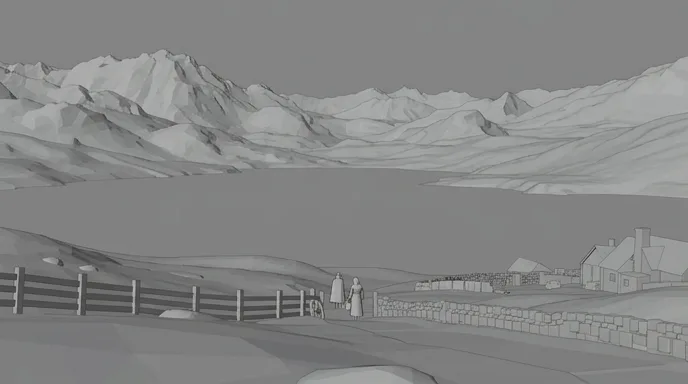 Storyboard frame of the valley, in grey