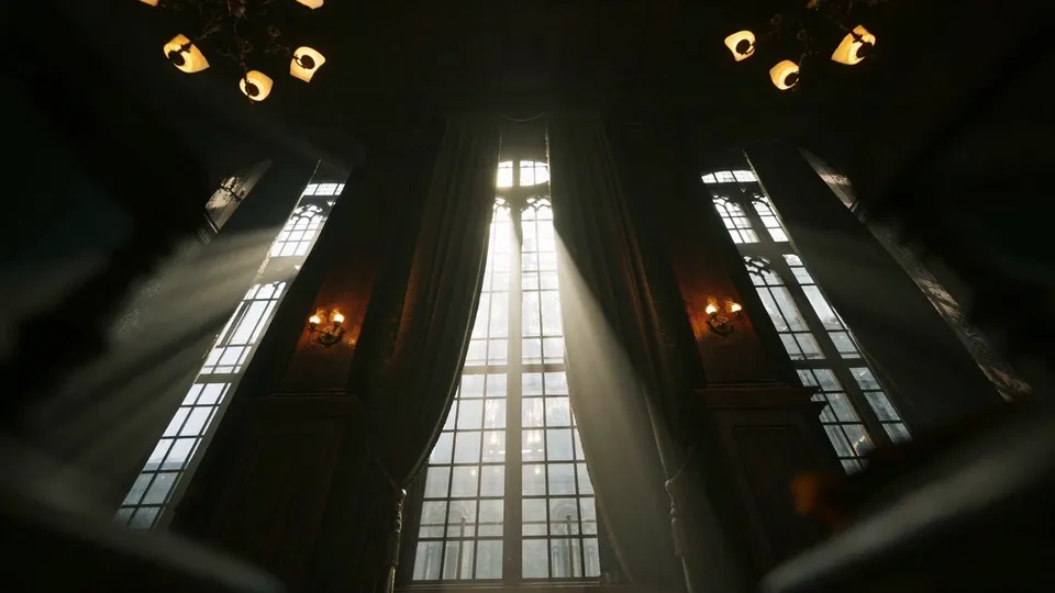 Low angle on tall arched windows and candle sconces in a dark gothic study