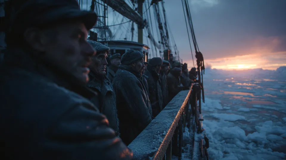 Whalers in wool caps and heavy coats line the frosted rail of a sailing ship facing pack ice at sunset