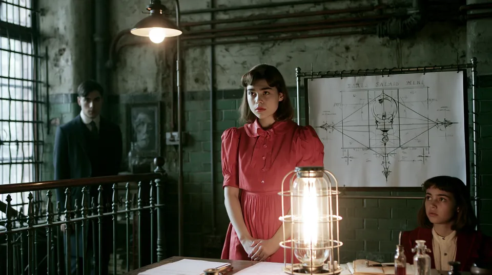 A girl in a red dress stands behind a caged lamp in an old tiled workshop, a technical drawing on the wall