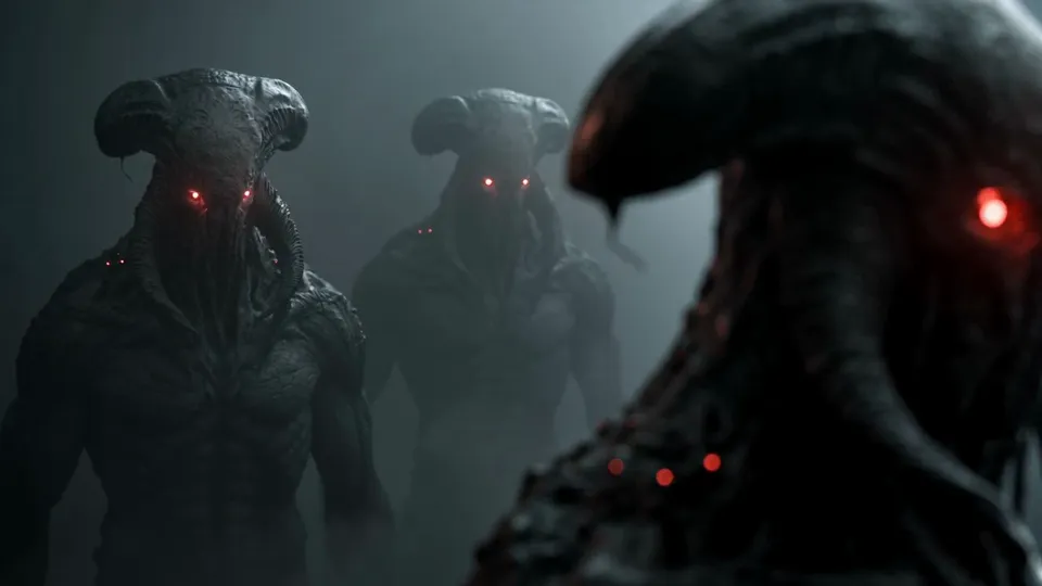 Tall creatures with glowing red eyes stand in the fog, one head very close on the right