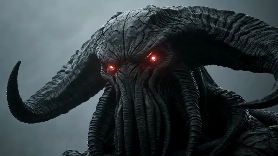 A horned creature with a tentacled face turns its head, eyes glowing red