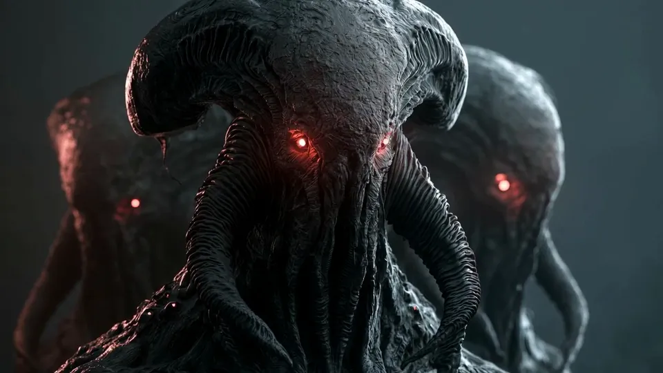 Three tentacle-faced creatures side by side, their red eyes the only light