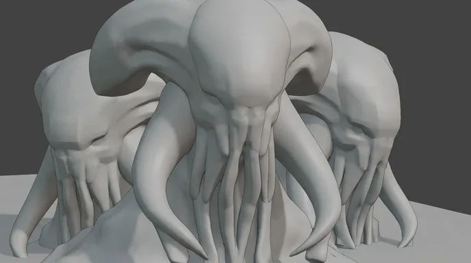 Storyboard frame of the three creatures, in grey