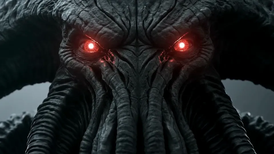 Frontal close-up of a tentacle-faced creature with burning red eyes